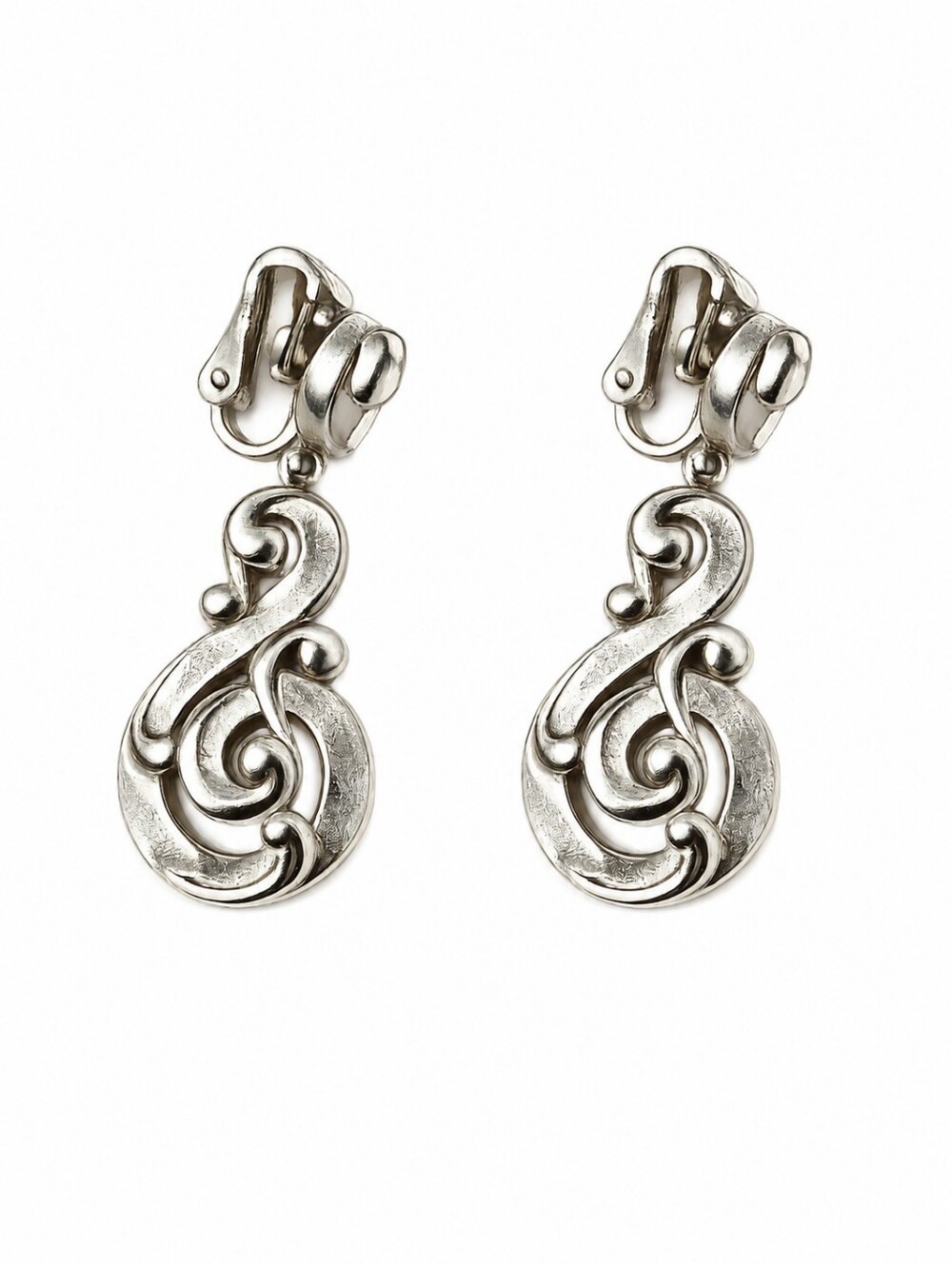 Vintage 60s Silver-Tone Swirl Trifari Clip-On Drop Earrings - Silver